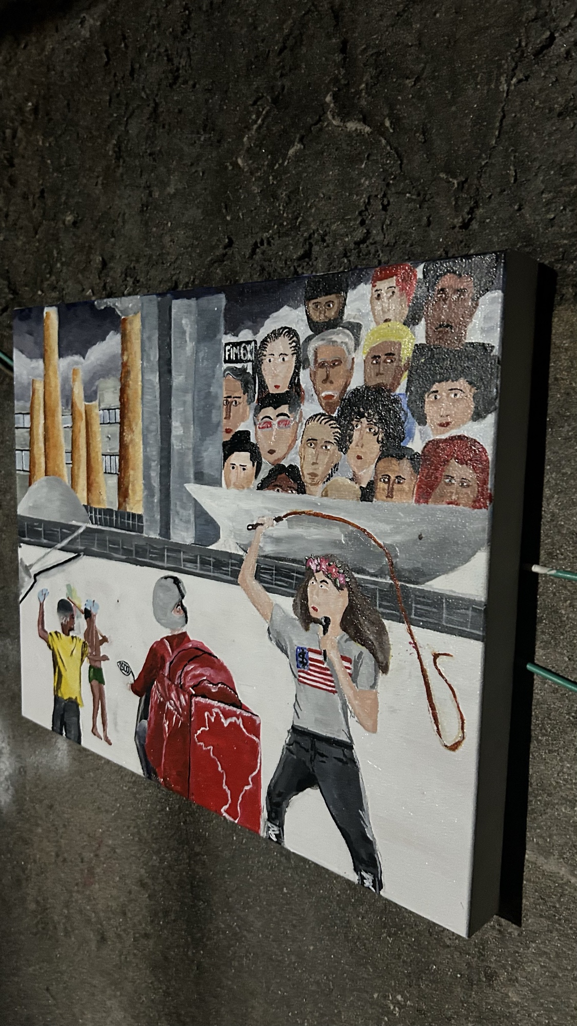 Pintura Eleições no Brasil: multidão de trabalhadores diante de chaminés e uma urna, muro ao centro, entregador de aplicativo e crianças no semáforo